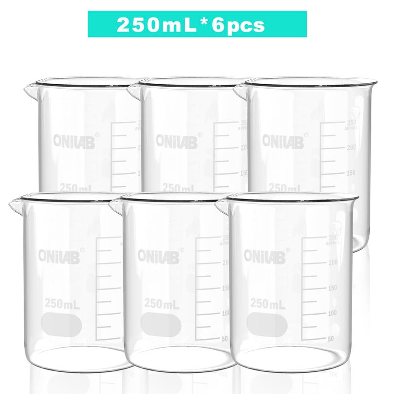 ONiLAB 8.5oz(250ml) Sturdy Glass Beaker, 3.3 Borosilicate Griffin Low Form with Printed Graduation, Pack of 6 13900250 - Image 1